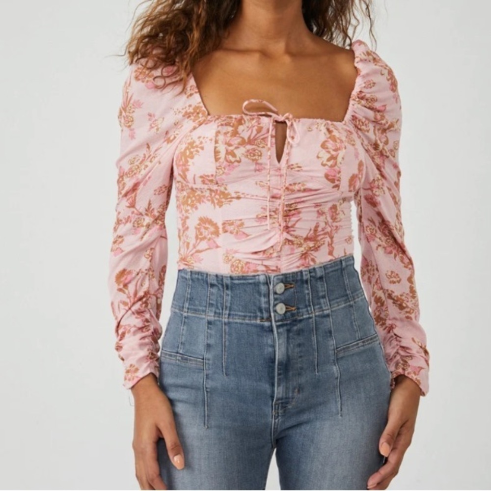 NWT Free People Hilary Printed Top In Pink Combo